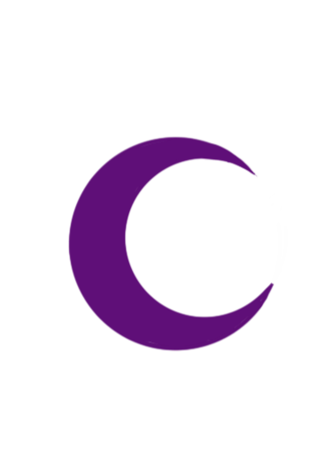 Eine große, violette Mondsichel auf schwarzem Hintergrund.