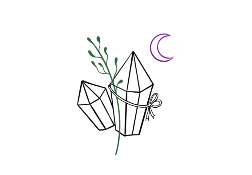 Illustration eines blühenden Zweigs mit einer Wolke oder beschriftetem Symbol neben einem Mond, alles auf schwarzem Hintergrund.