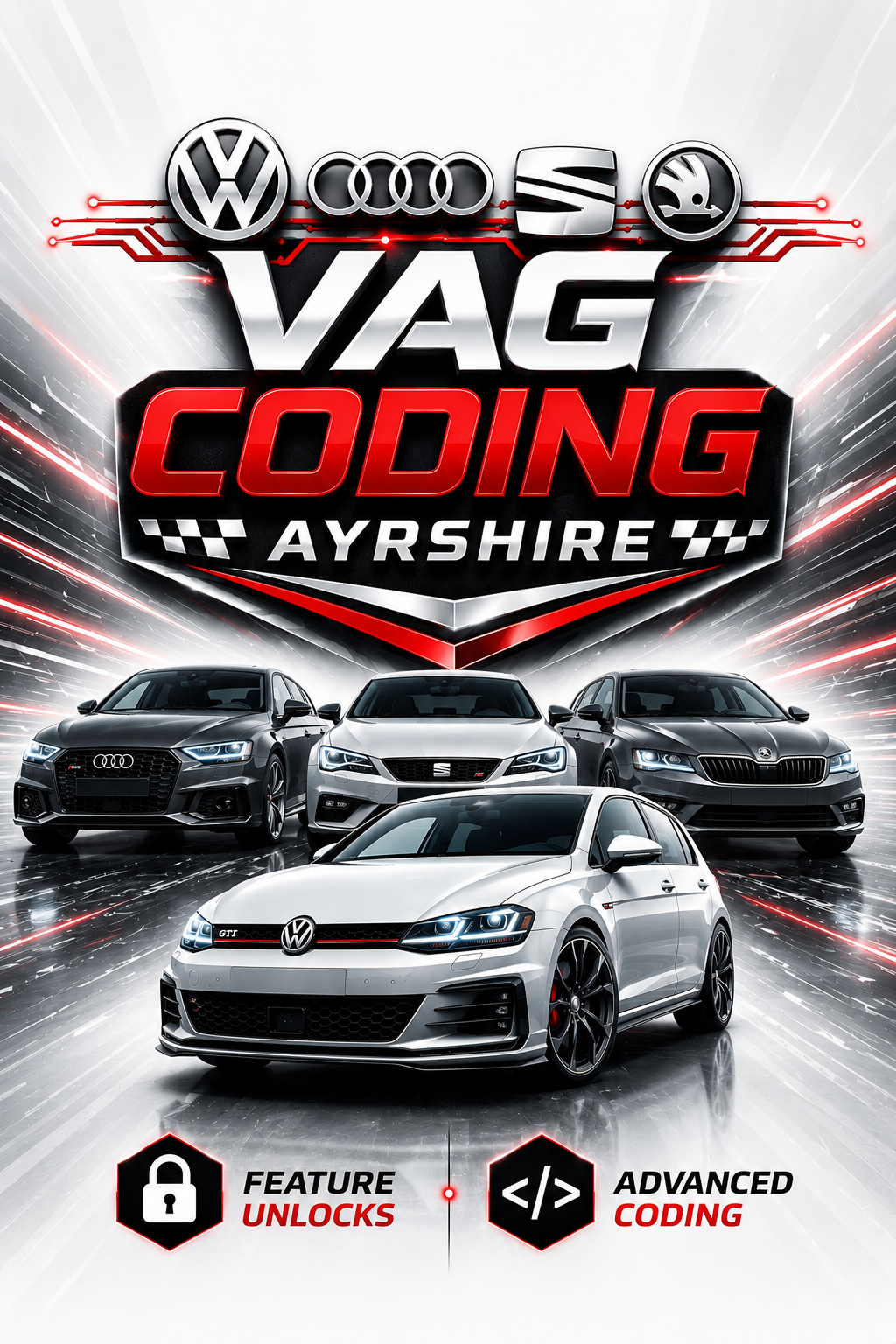 Promotional poster for VAG coding event in Ayrshire featuring four modern cars from Volkswagen, Audi, Škoda, and SEAT, with text indicating feature unlocking and advanced coding.