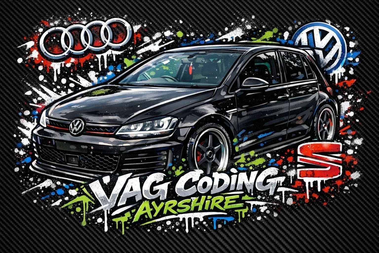 A black Volkswagen car with graffiti-style background featuring the logos of Audi and Volkswagen, colorful paint splashes, and the text 'VAG Coding AYRSHIRE'.