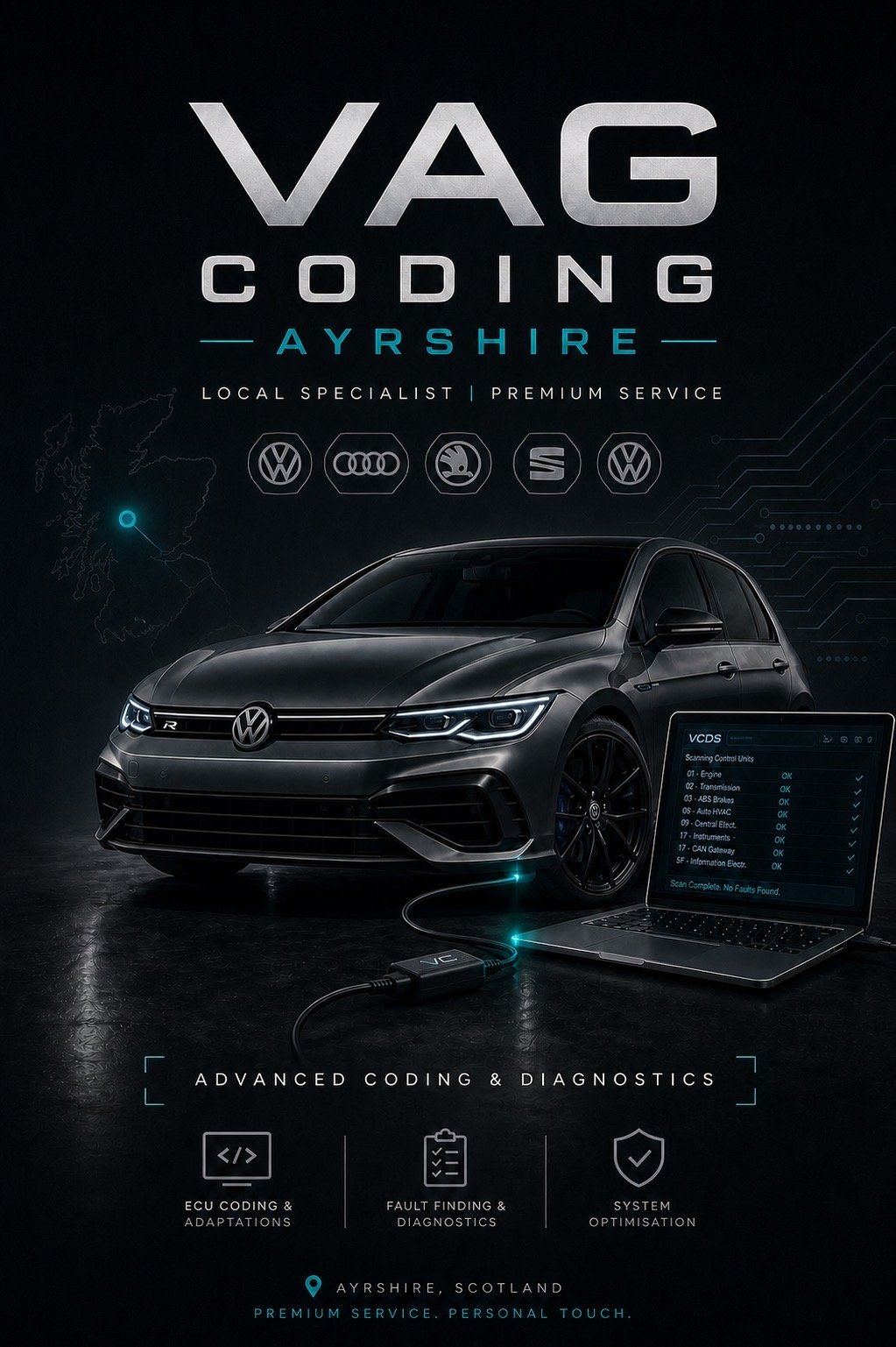 An advertisement for VAG Coding Ayrsire, a car diagnostic and coding service in Scotland. Features a black Volkswagen car connected to a diagnostic laptop and tools, with icons representing different car brands and diagnostic features.