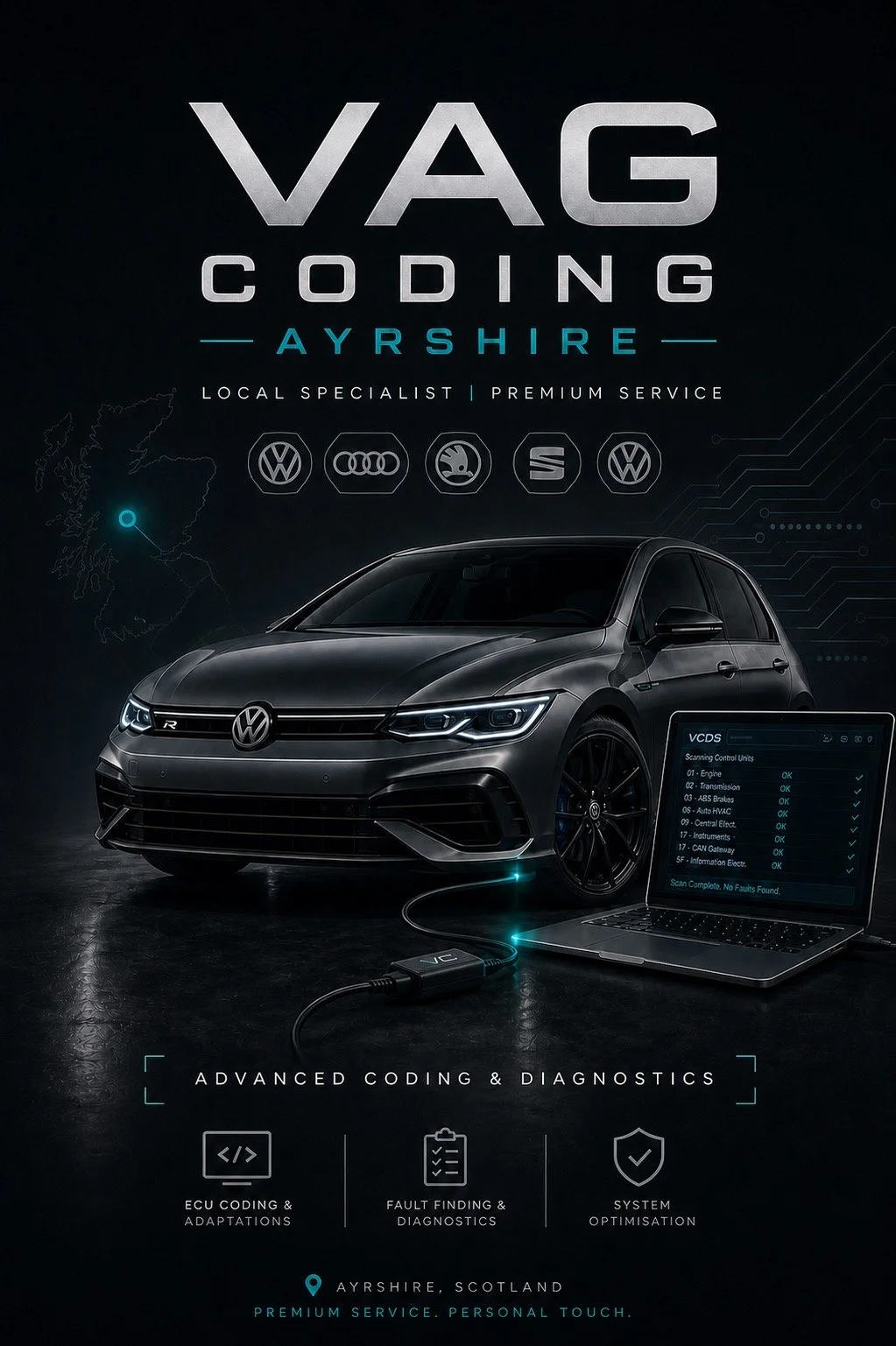 An advertisement for VAG coding and diagnostics services in Ayrshire, Scotland. The image features a black Volkswagen car connected to a diagnostics laptop with a screen displaying system checks. Text highlights advanced coding and diagnostics, ECU adaptations, fault diagnostics, and system optimization.