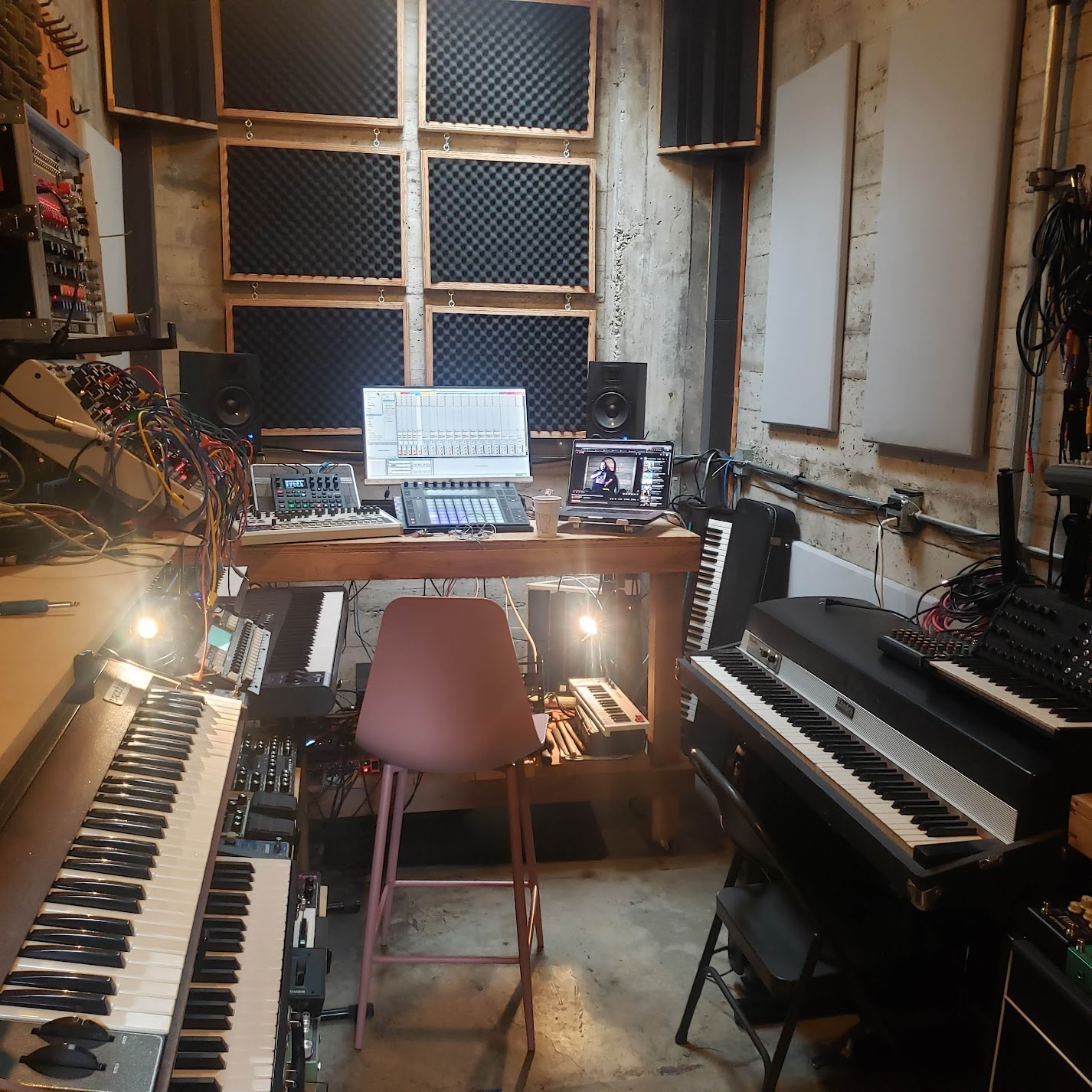 My studio.   High-end monitoring, I/O, modular and vintage synthesiszers, drum machines, vintage and modern, guitars, amps, creative fx, and even an analog video synthesizer.