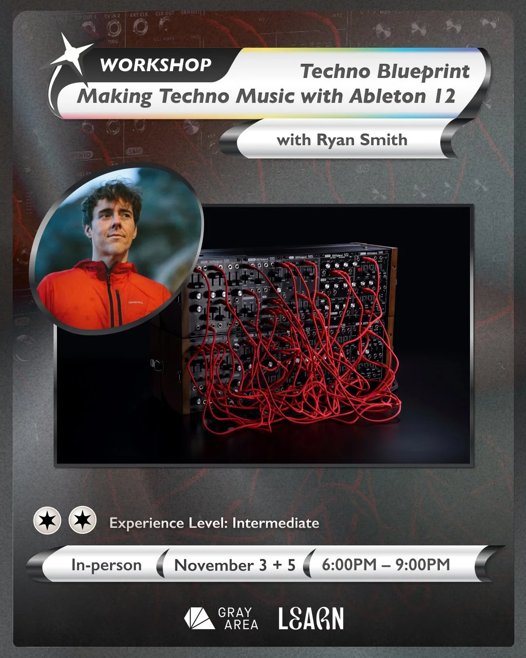 Two day Techno music workshop. Together we compose, automate, mix and arrange a techno track from scratch using classic hardware techniques inside Ableton Live.