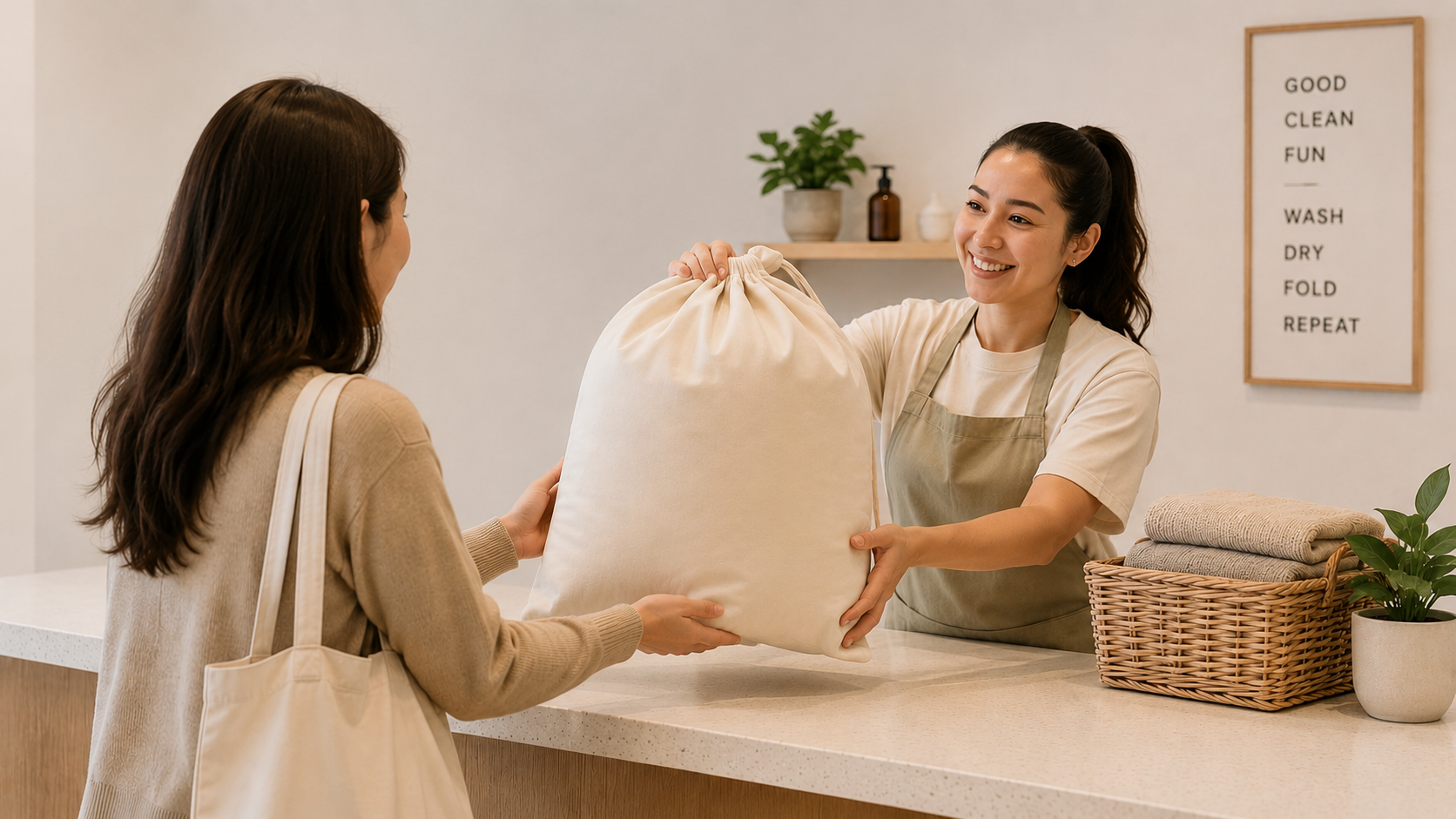 A woman at a counter in a laundry or dry cleaning shop is receiving a large, off-white cloth bag from another woman behind the counter. The woman behind the counter is smiling and wearing a beige apron. There is a basket with folded towels and a green plant on the counter. A framed sign with laundry instructions is hanging on the wall in the background.