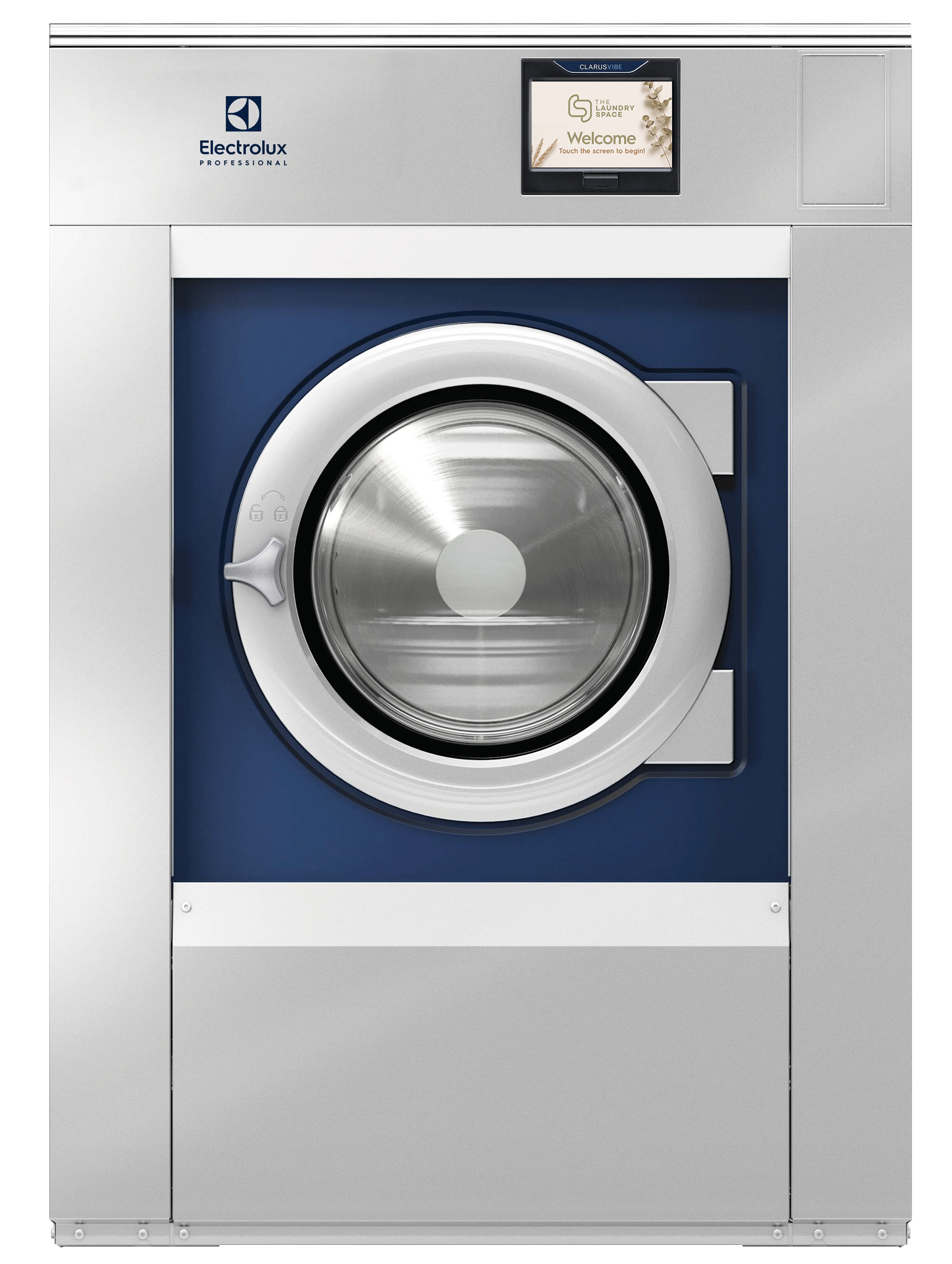 Front view of an Electrolux professional washing machine with a digital display and a circular front-loading door.