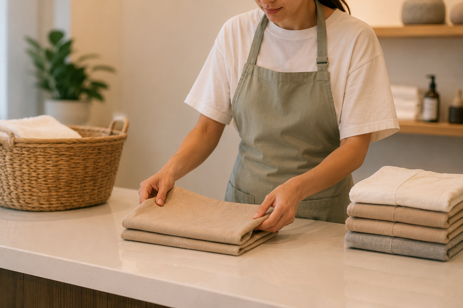 A person with a beige apron folding beige linen napkins on a white countertop.
