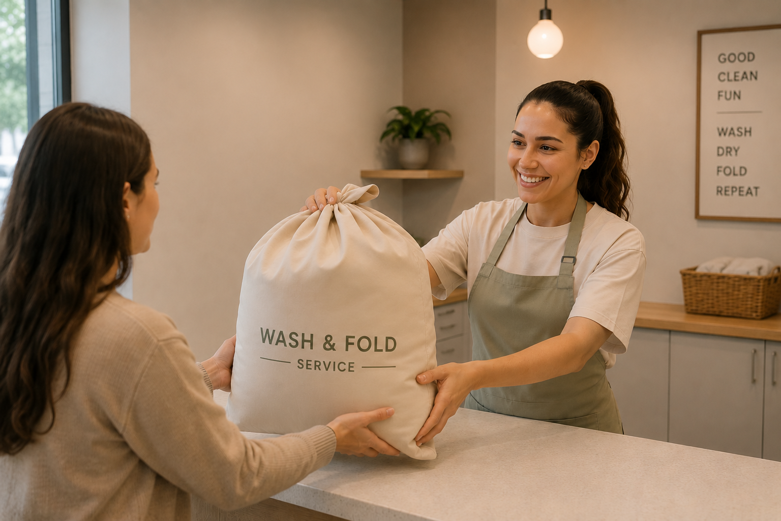 A woman with long curly hair is receiving a large bag labeled 'Wash & Fold Service' from a smiling employee behind the counter in a laundry or dry cleaning shop.