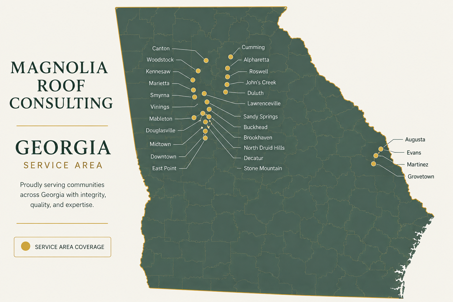 Map of Georgia showing Magnolia Roof Consulting service areas with dots marking locations in various cities, including Atlanta, Augusta, and Grovetown.