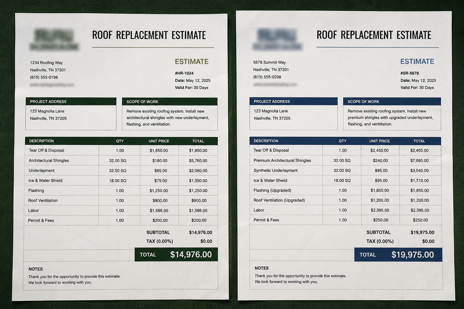 Two documents titled 'Roof Replacement Estimate' with detailed costs for roofing work, including project address, scope of work, itemized costs, and totals, on a green background.