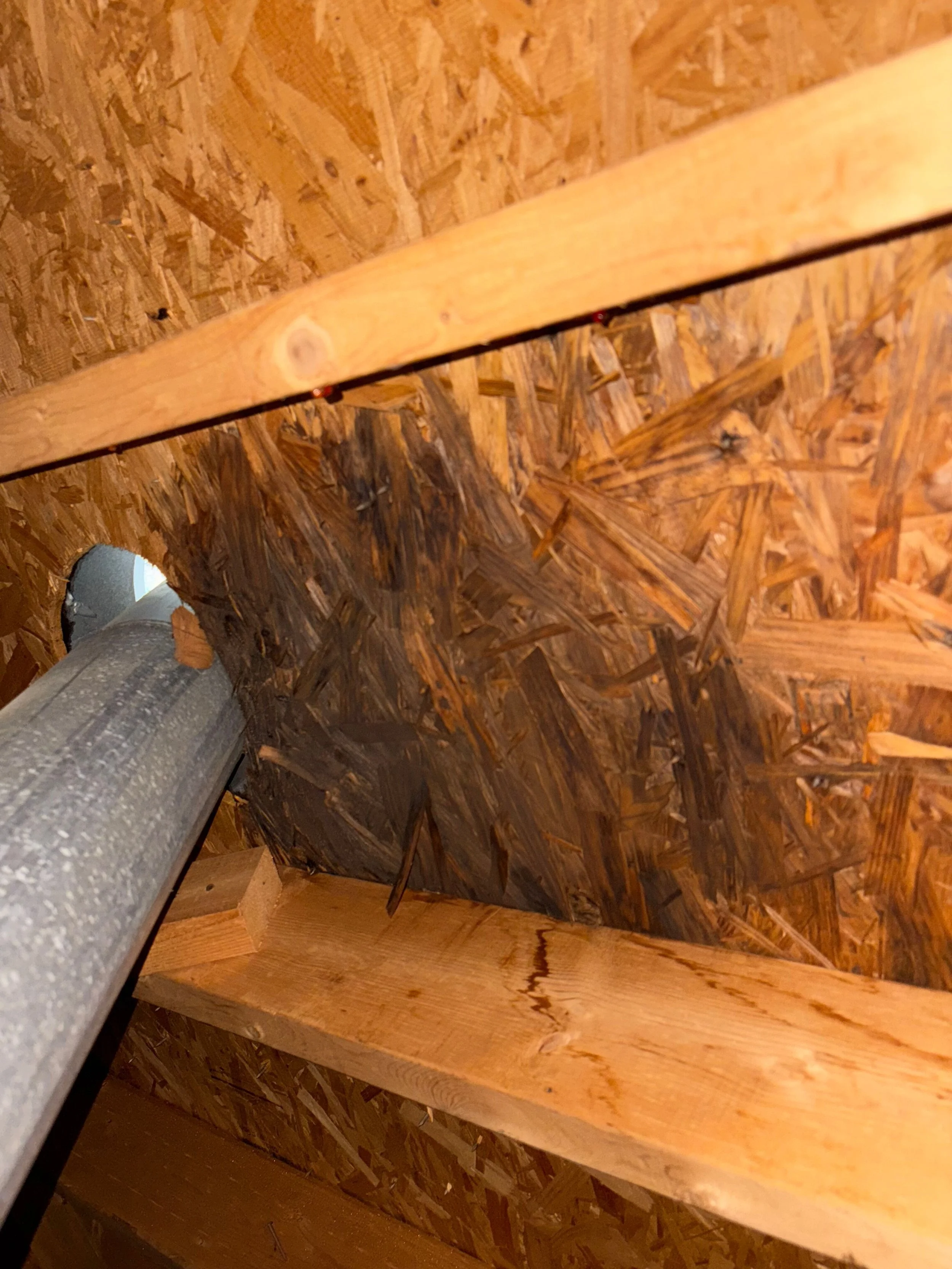 Close-up view of wooden shelves and panels in a construction or storage area.