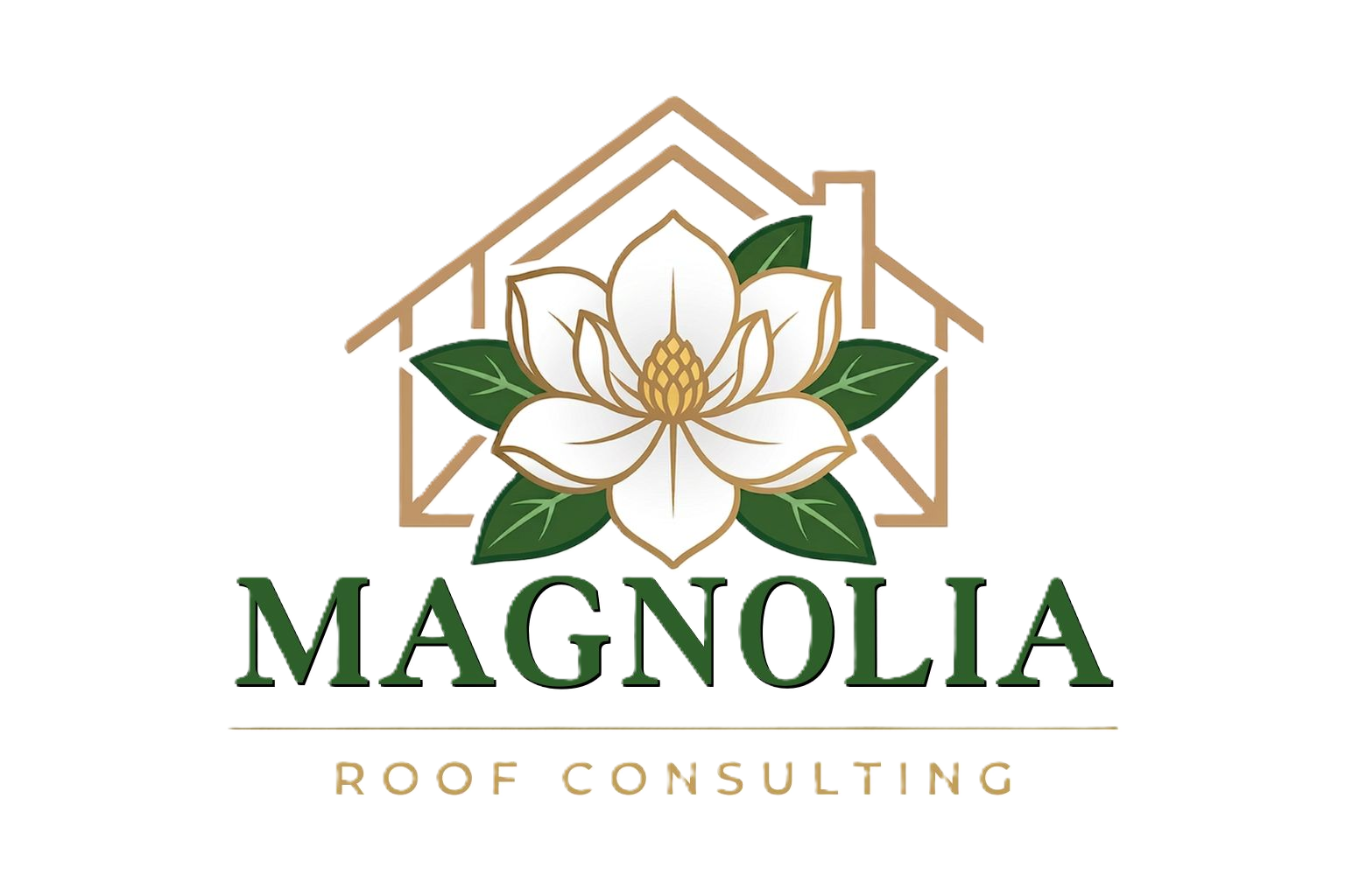 Logo for Magnolia Roof Consulting featuring a magnolia flower with green leaves and a background of house roof lines.