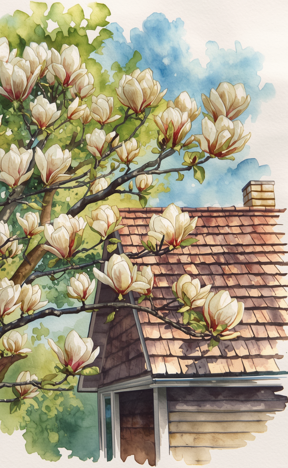 Watercolor illustration of a blooming magnolia tree with large white flowers in front of a house with a brick roof and chimney, under a partly cloudy sky.