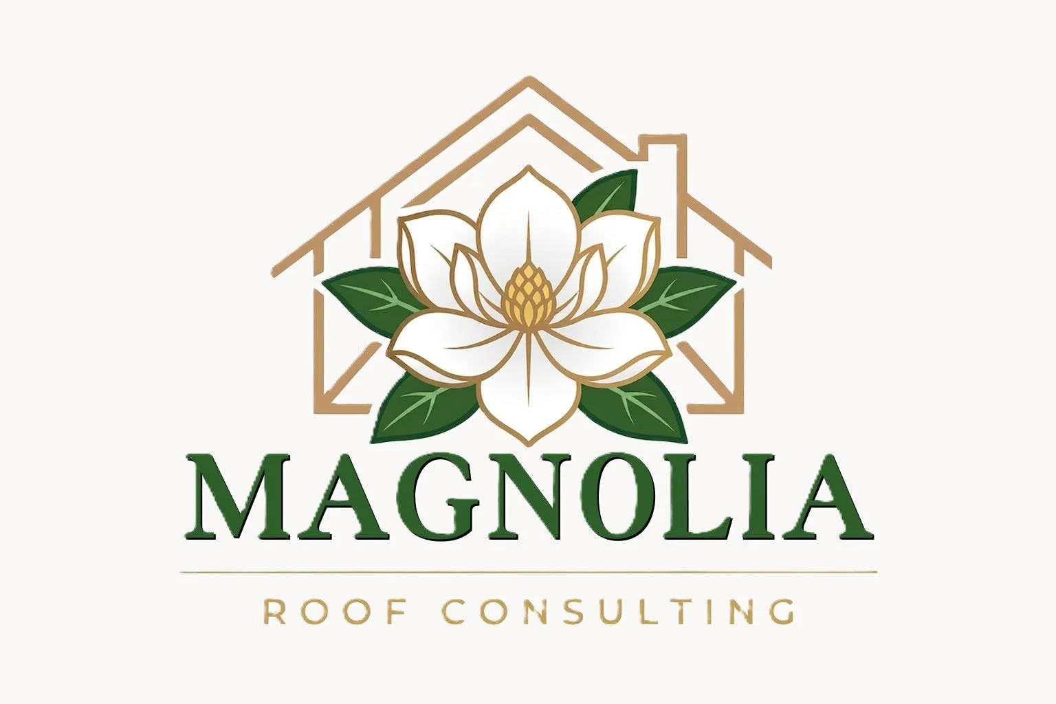 Logo for Magnolia Roof Consulting featuring a white magnolia flower with green leaves in front of a stylized house outline, with the company name and tagline below.