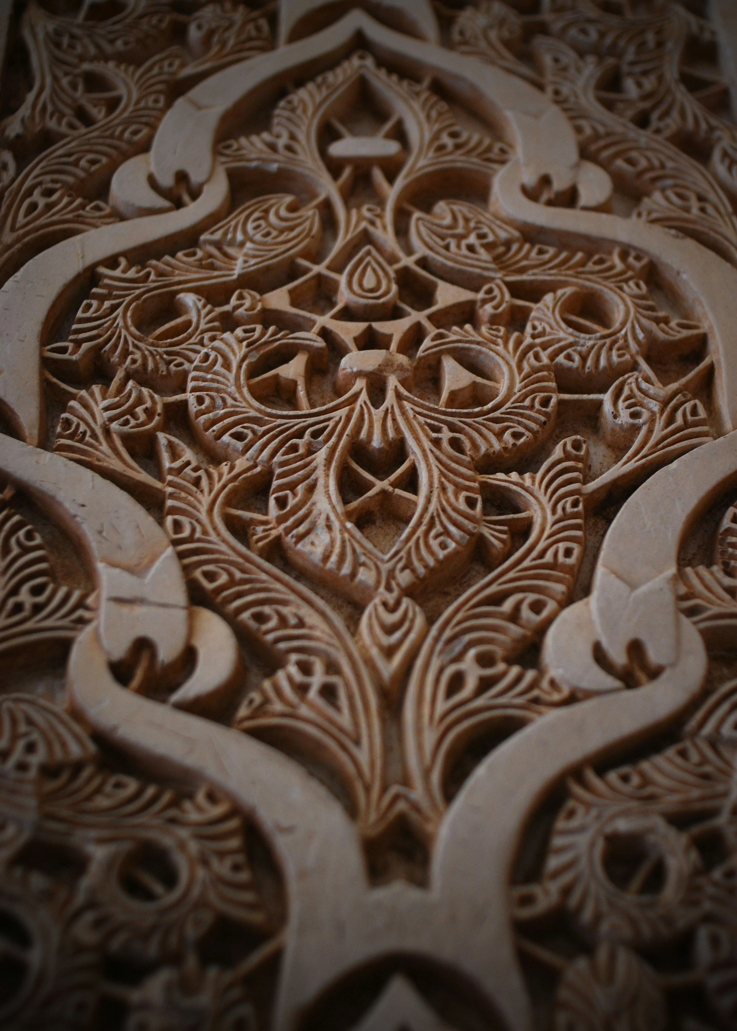 Close-up of an intricate, carved decorative pattern in wood, featuring detailed swirling and geometric designs.