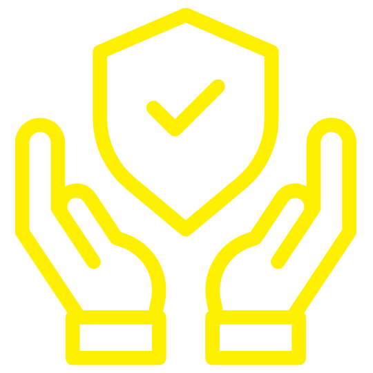 Yellow outline of two hands holding a shield with a checkmark inside, symbolizing protection or security.