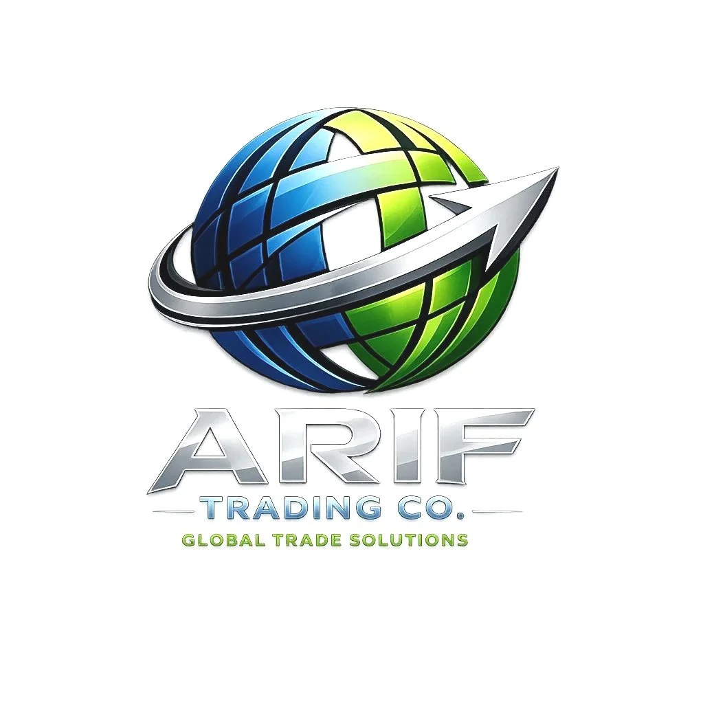 Ein Logo mit einer stilisierten Weltkugel, die in Blau und Grün gehalten ist, mit einem Pfeil, der die Welt umrundet. Darunter der Text "ARIF Trading Co." und die Slogans "Global Trade Solutions".