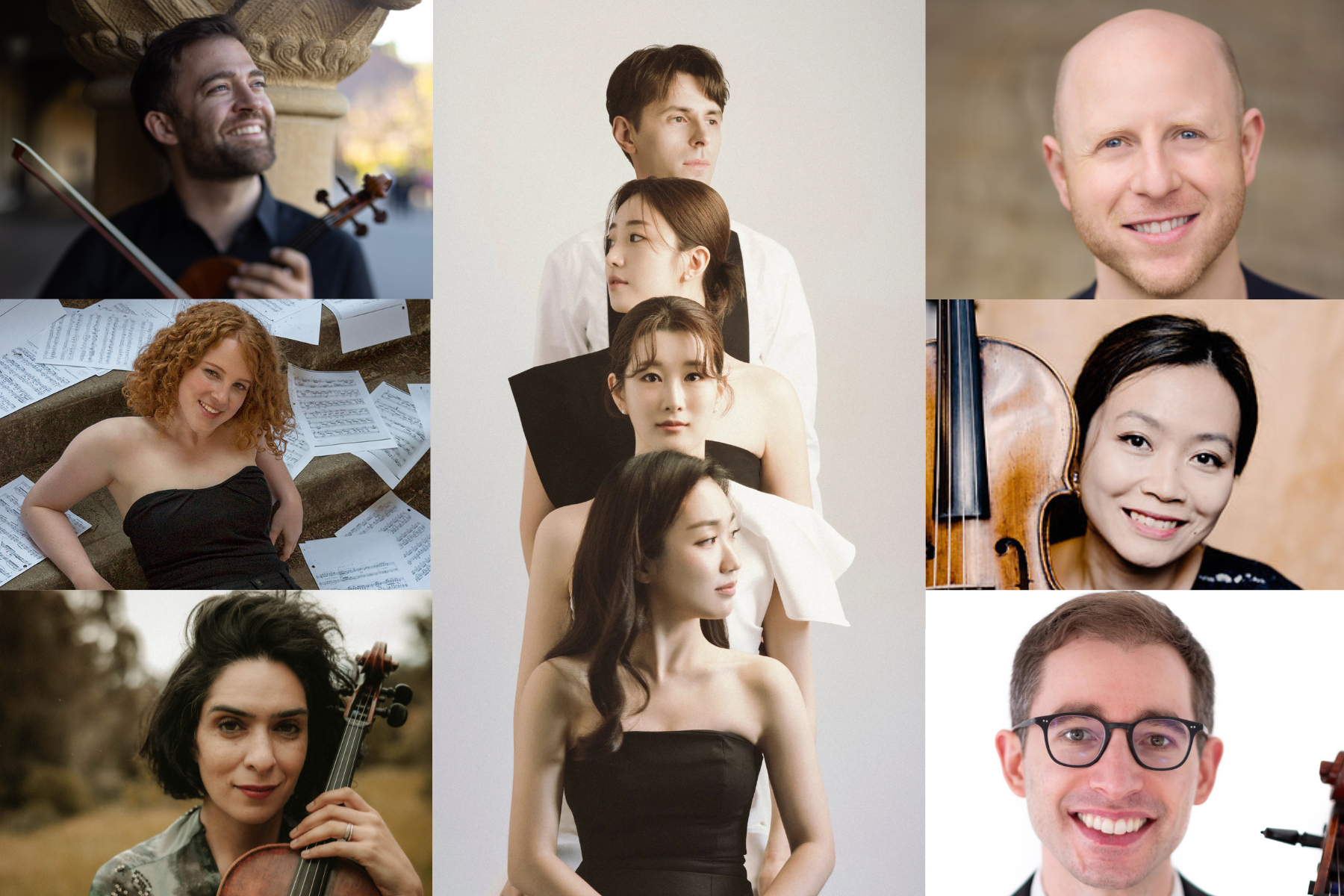 Collage of diverse musicians and music-related scenes, including women holding violins, a group of people posing with serious expressions, and sheet music scattered around.