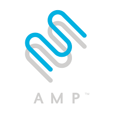 Logo with a folded blue paperclip shape and the word 'AMP' below it.