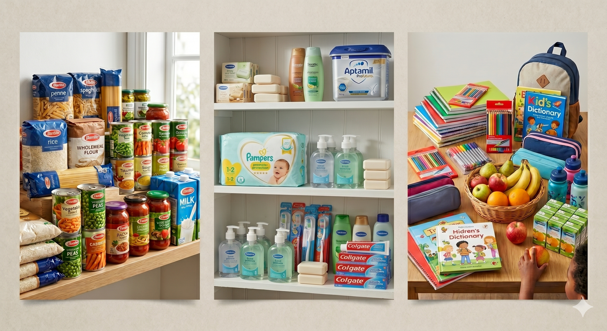 A collage of three photos showing household and grocery items. The left photo displays various dried foods, canned vegetables, and jars on a kitchen shelf. The middle photo shows shelves stocked with household and personal care products, including baby diapers, shampoo, and hand sanitizer. The right photo features school supplies and a basket of fresh fruits, with children in the background organizing their belongings.