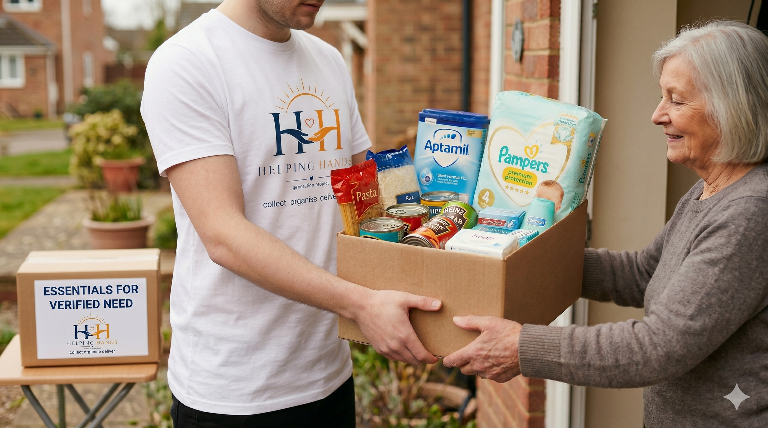 A young man in a Helping Hands t-shirt hands a box of essential supplies to an elderly woman at an outdoor community event, with a table and a sign in the background.
