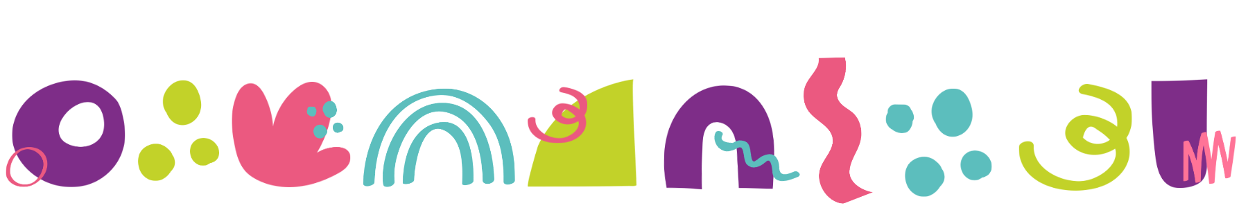 Colorful abstract doodle with various shapes including circles, squiggles, a rainbow, and irregular forms in purple, green, pink, and blue. Graphic for COIYA Literacy & Language Therapy
