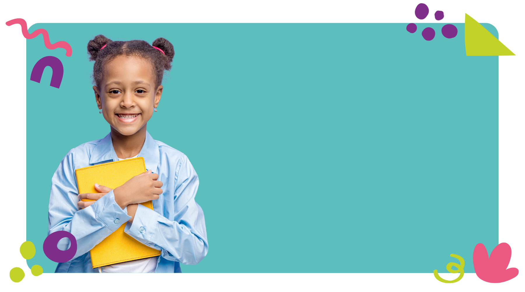 A young girl with two ponytails smiling, wearing a light blue shirt, holding a yellow book, standing against a teal background with colorful abstract shapes, she has improved reading after participating in dyslexia therapy in Washington, DC.