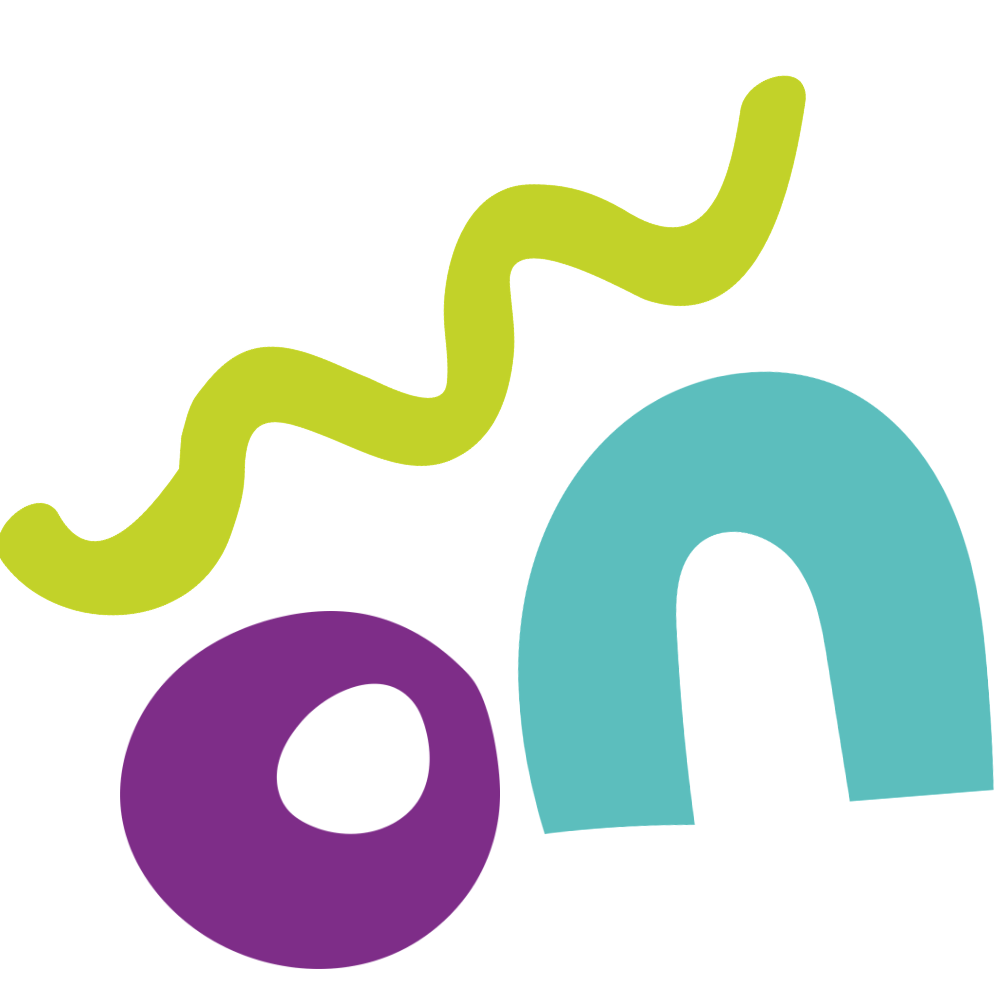 Colorful abstract design with a green wavy line, a purple circle, and a blue rainbow shape, graphic for COIYA Literacy & Language Therapy.