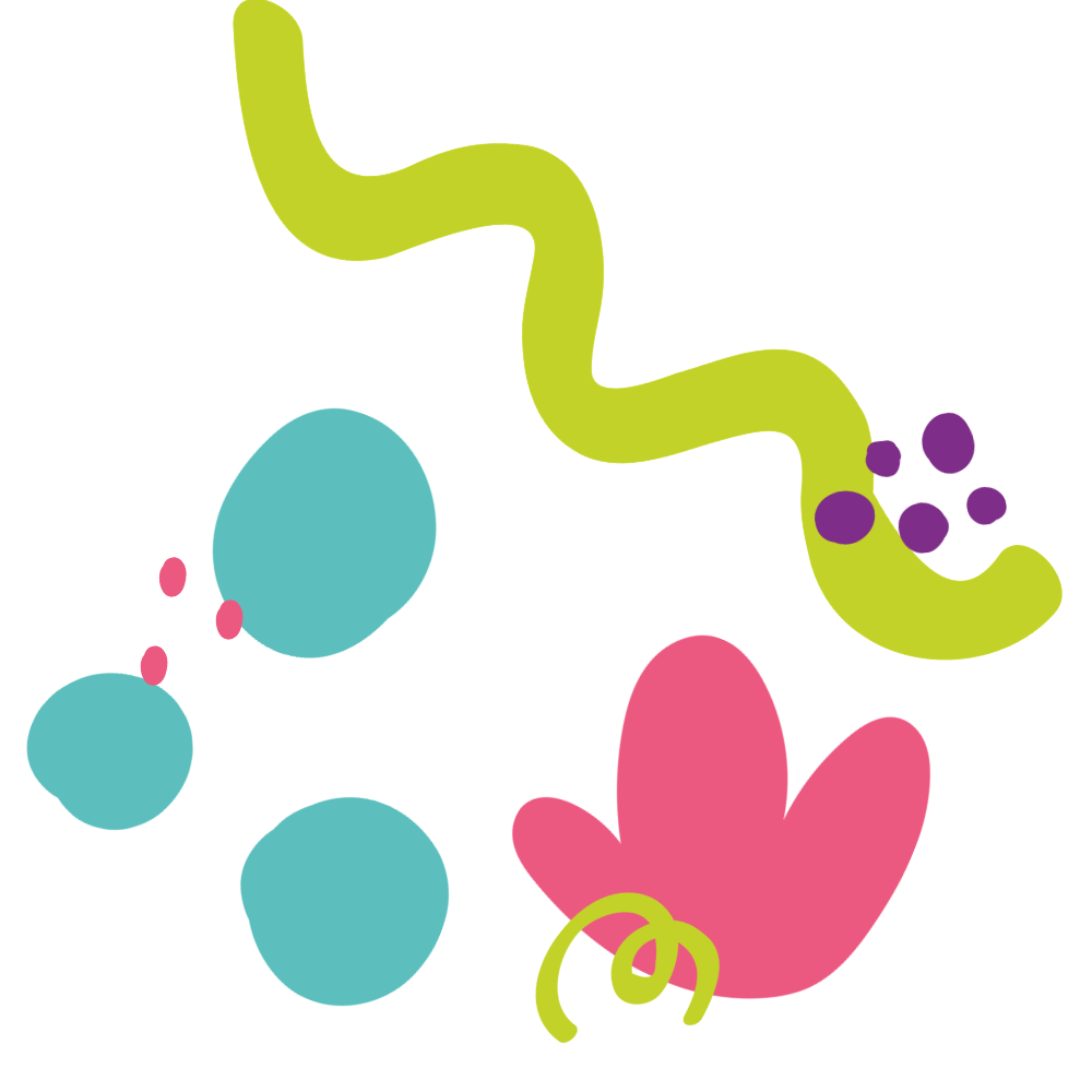 Colorful abstract shapes resembling a flower, a snake, and bubbles in pink, blue, green, and purple, graphic for COIYA Literacy & Language Therapy in Northern VA.