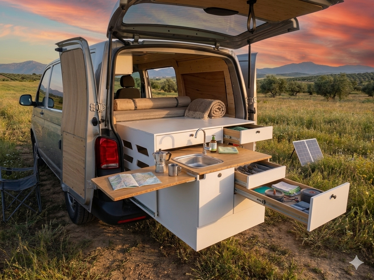 Una camioneta equipada como una pequeña cocina y espacio para dormir, situada en un campo durante el atardecer, con colchoneta, toalla, y panel solar en el fondo.
