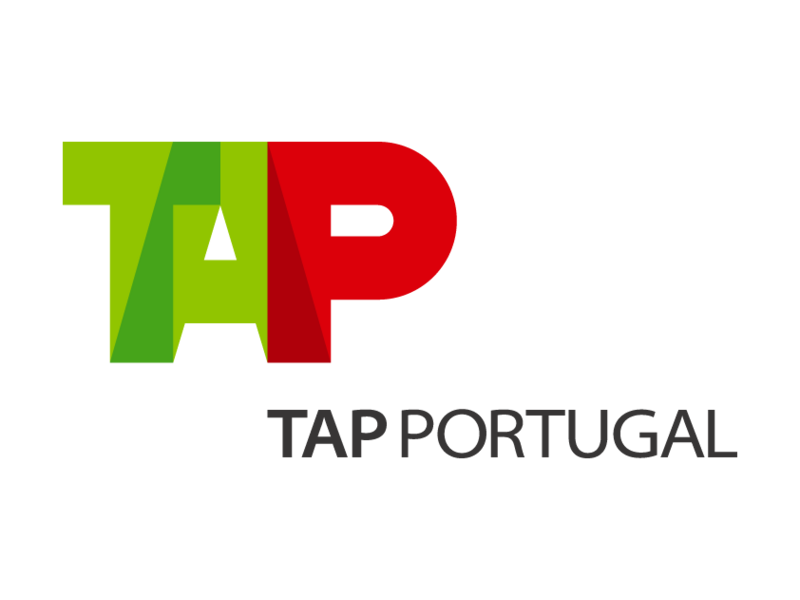 Logo for TAP Portugal, with the letters 'T', 'A', and 'P' in green, green with a shadow, and red, respectively. Below, the text 'TAP PORTUGAL' in black.