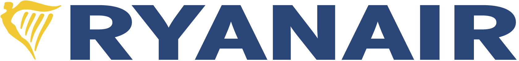 Logo of Ryanair, a stylized harp in gold on the left and the word 'RYANAIR' in bold navy blue letters.