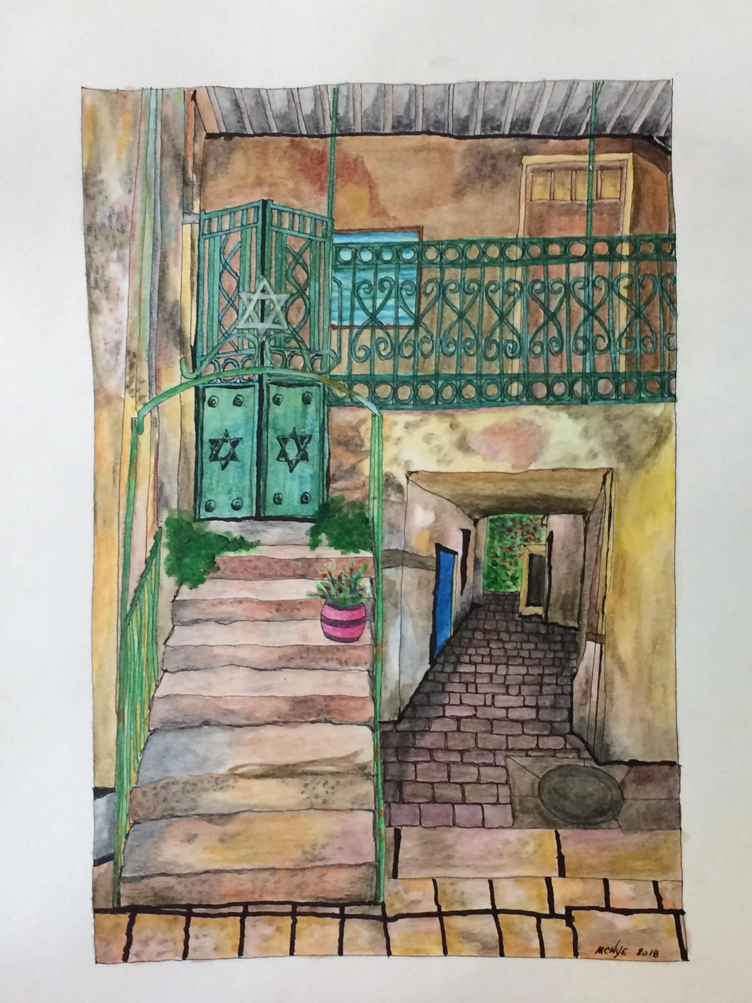 Watercolor painting of a cozy porch scene with stairs, potted plant, street lamp, wrought iron gate, and archway, signed by the artist in 2018.