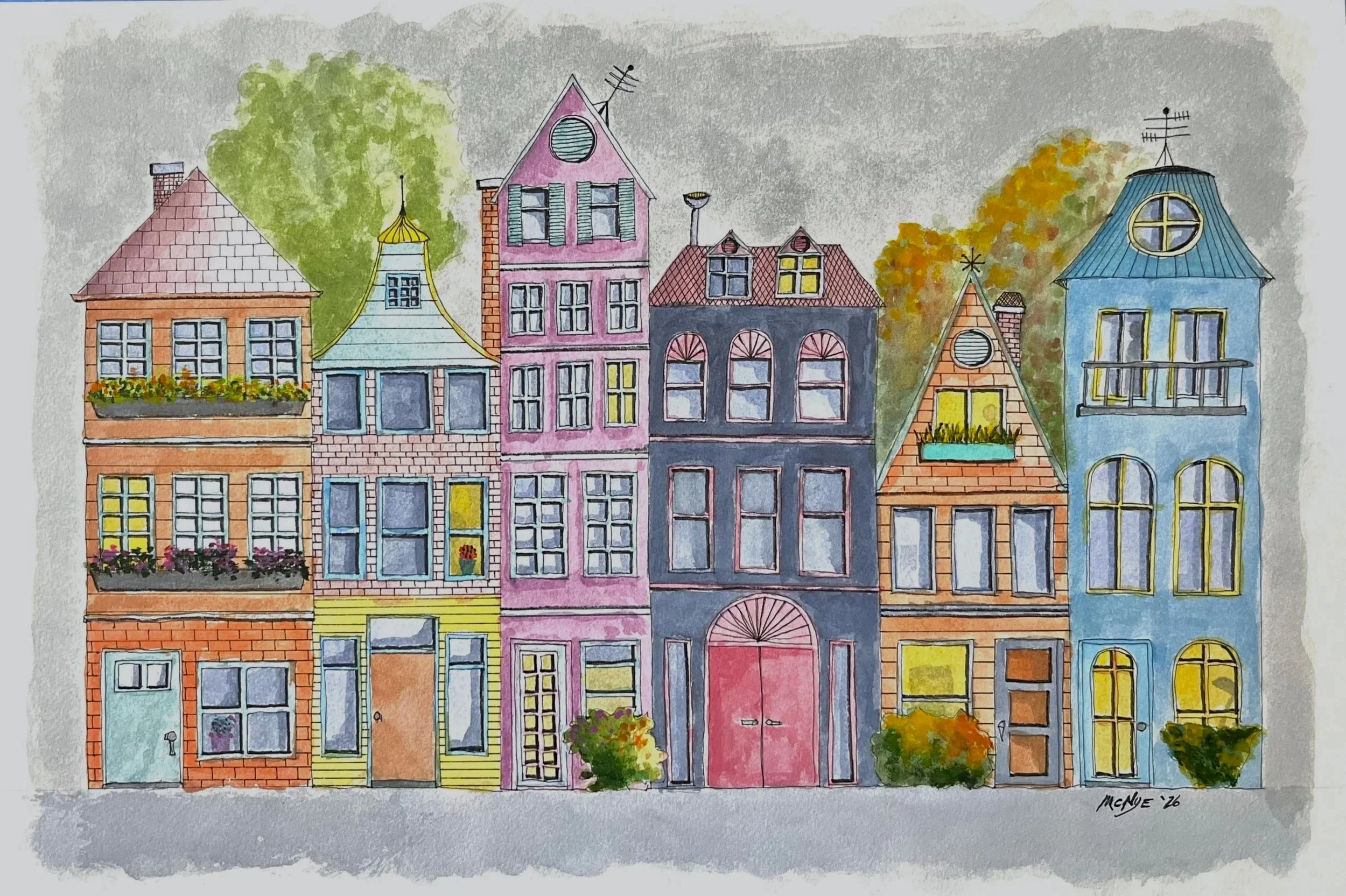 THE NEIGHBORHOOD - Watercolor and ink on paper,  19.25" x 14.25" (FRAMED)