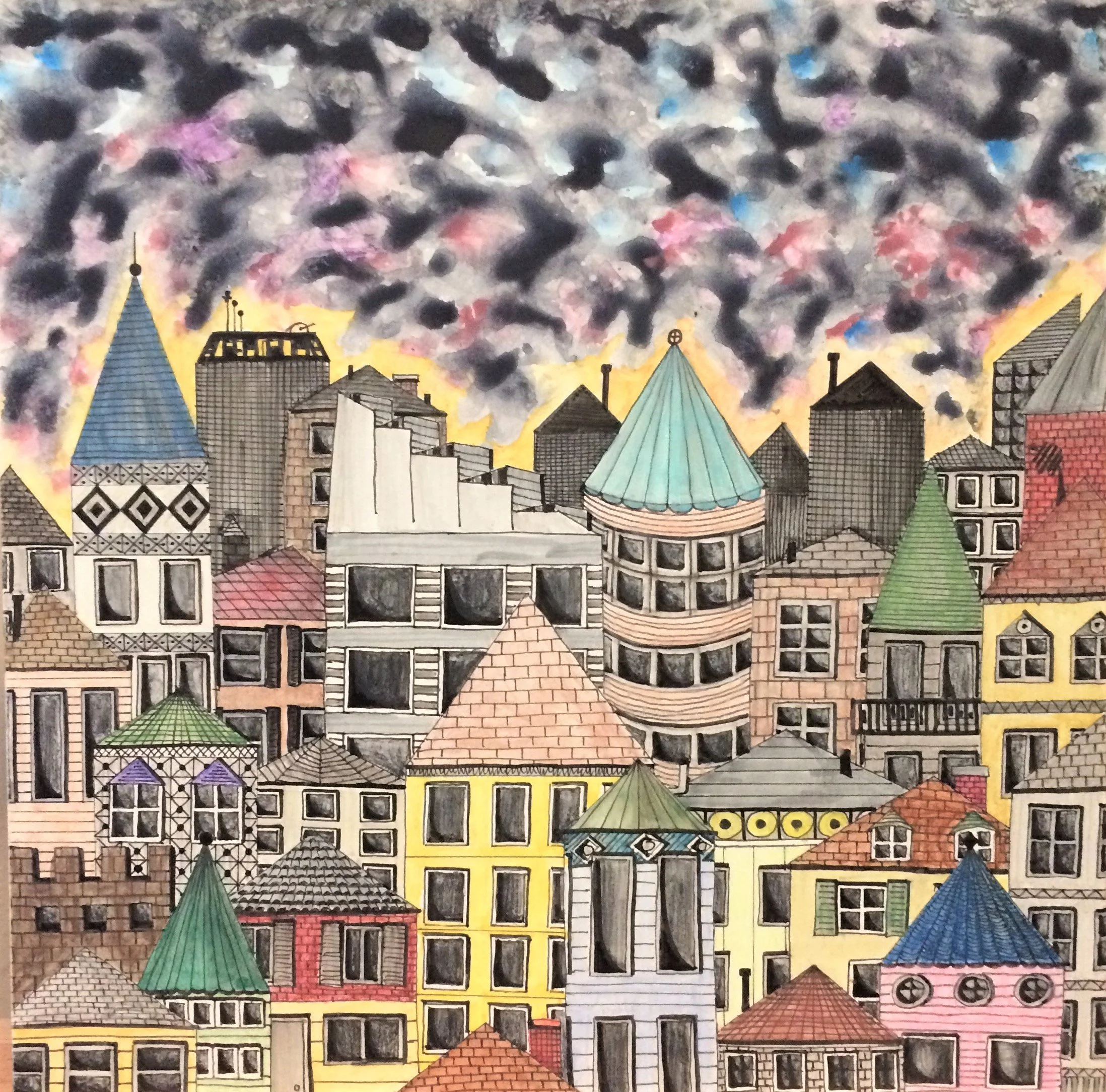 ANGRY SKY - Watercolor and ink on aquabord panal, 12"w x 12"h