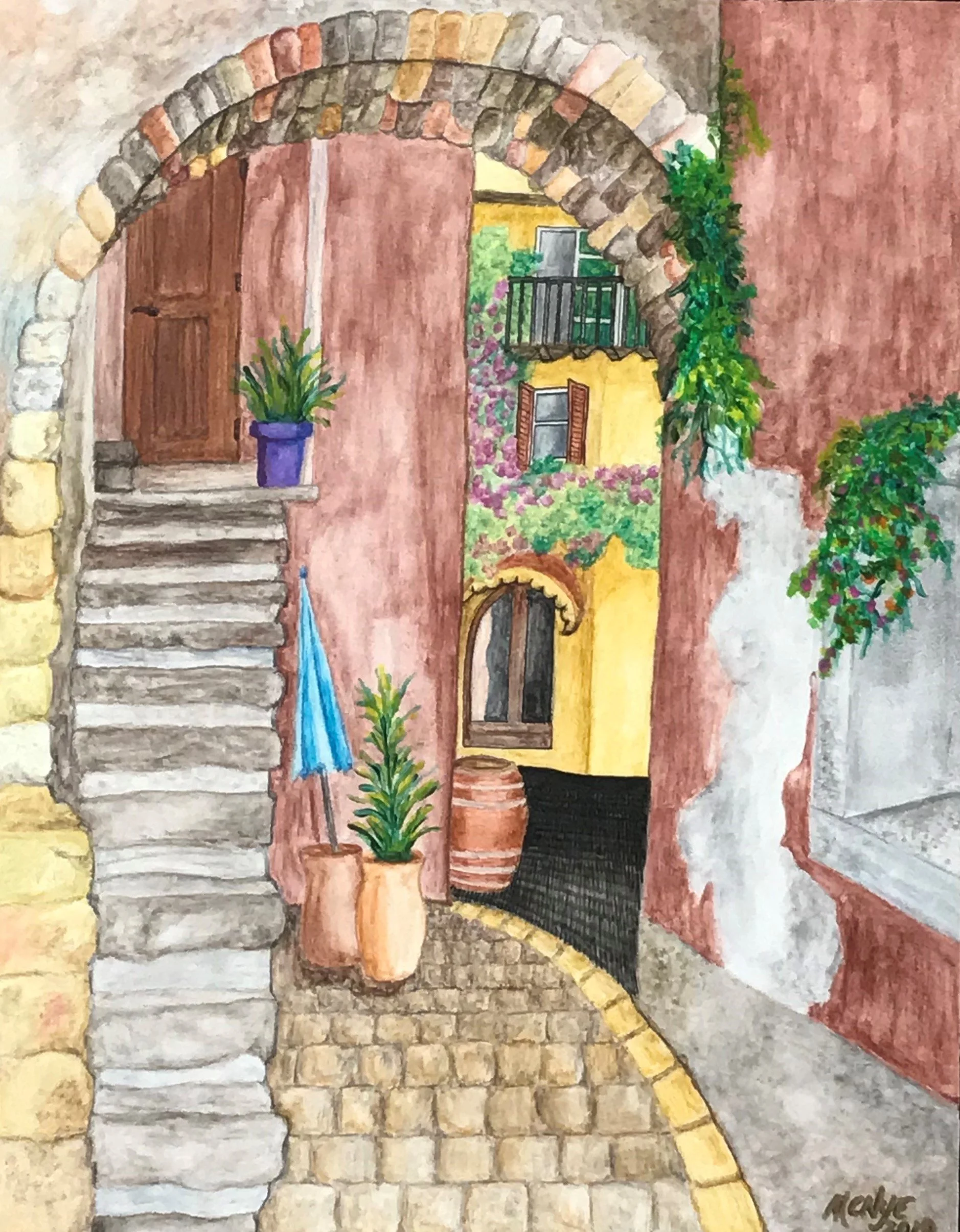 ITALIAN ALLEY - Watercolor on aquabord, 13"w x 16"h (FRAMED)
