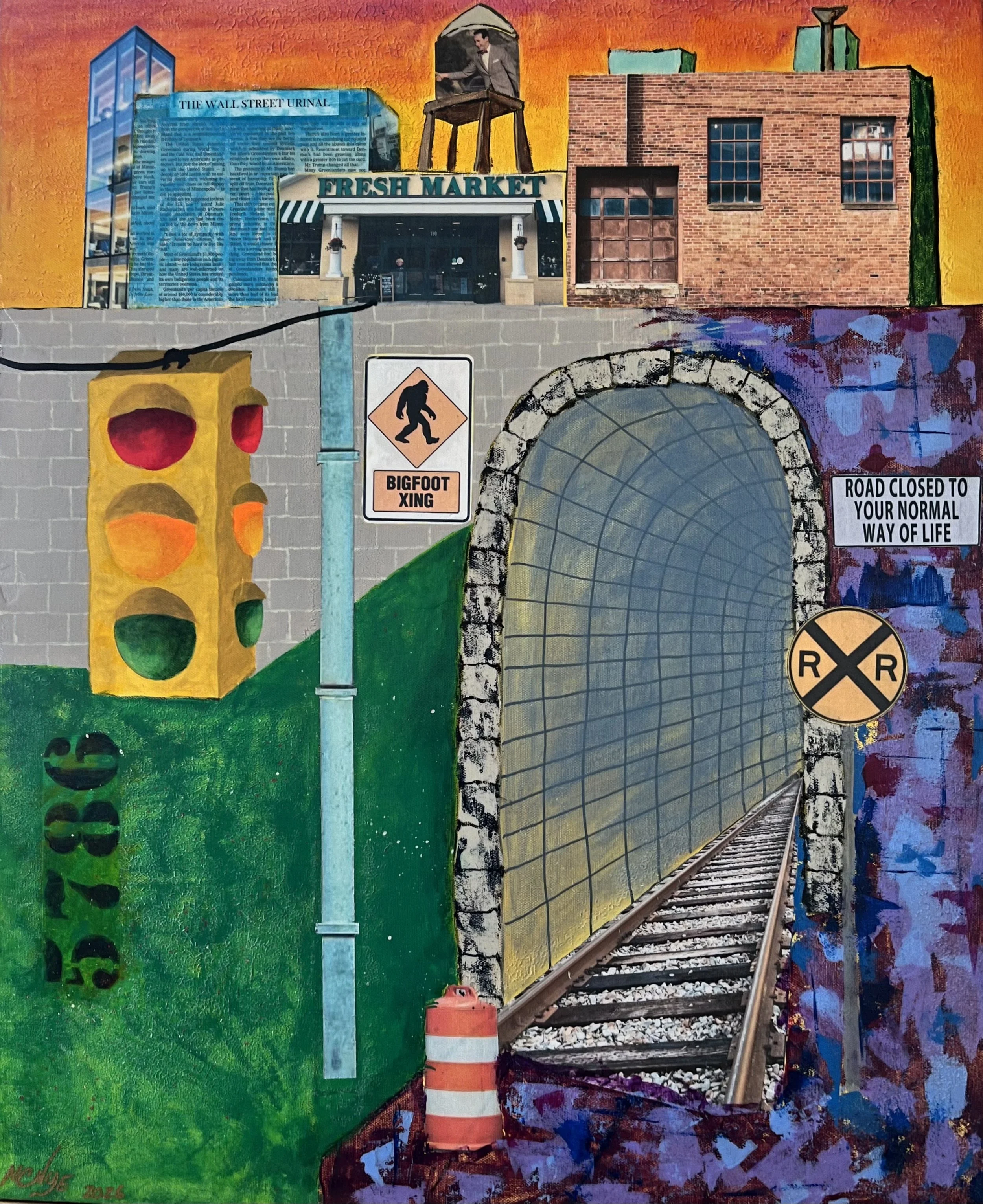 OFF THE RAILS - Mixed media on stretched canvas, 24"w x 30"h x 1.5"d