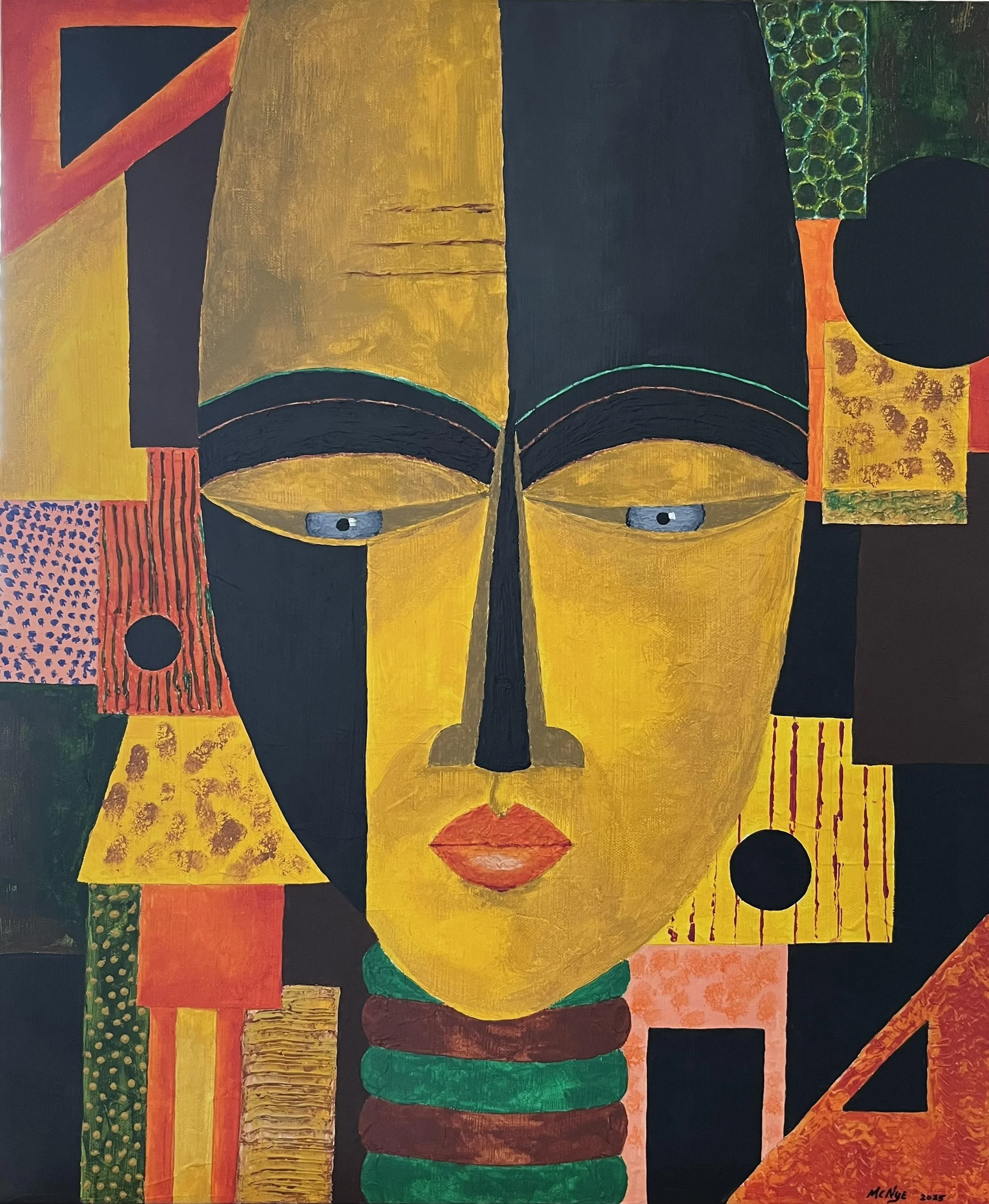 A modern abstract painting featuring a central face with yellow skin, black eyebrows, closed eyes, and red lips. The face is surrounded by various geometric shapes and patterns in bold colors such as red, green, yellow, and orange. The background is 