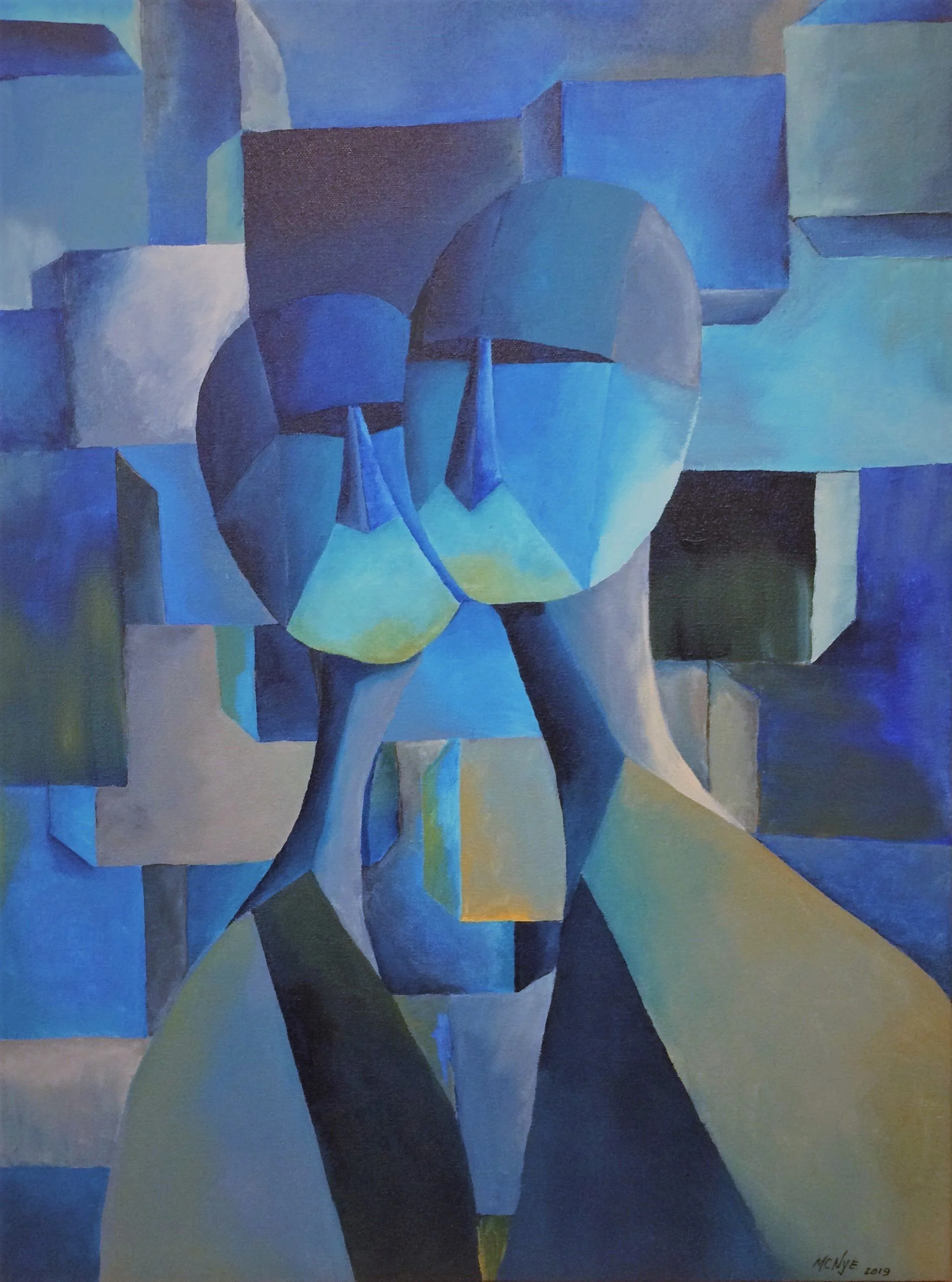 A cubist style painting of a figure with two large circular shapes for the head, wearing a dark shirt and tie, set against a background of geometric shapes in varying shades of blue and green.