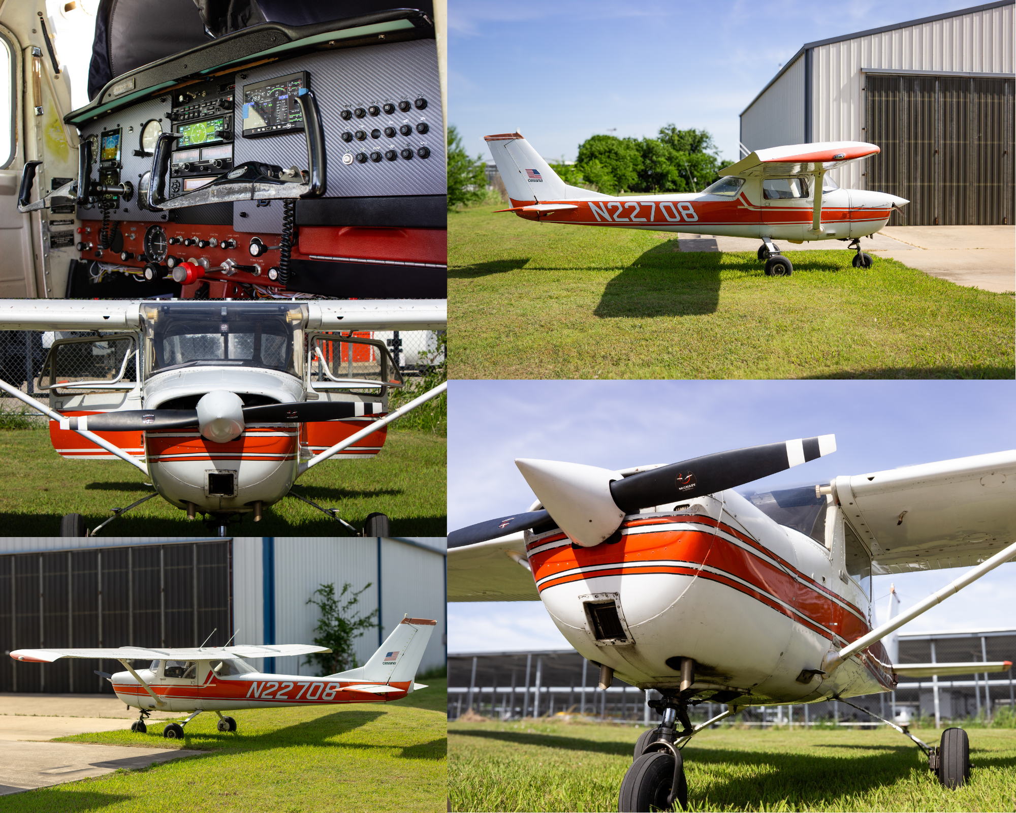 A small aircraft parked on grass outside a hangar, with a cockpit interior close-up showing instruments and controls, and the aircraft's exterior visible from different angles, including its nose, tail, and wings.