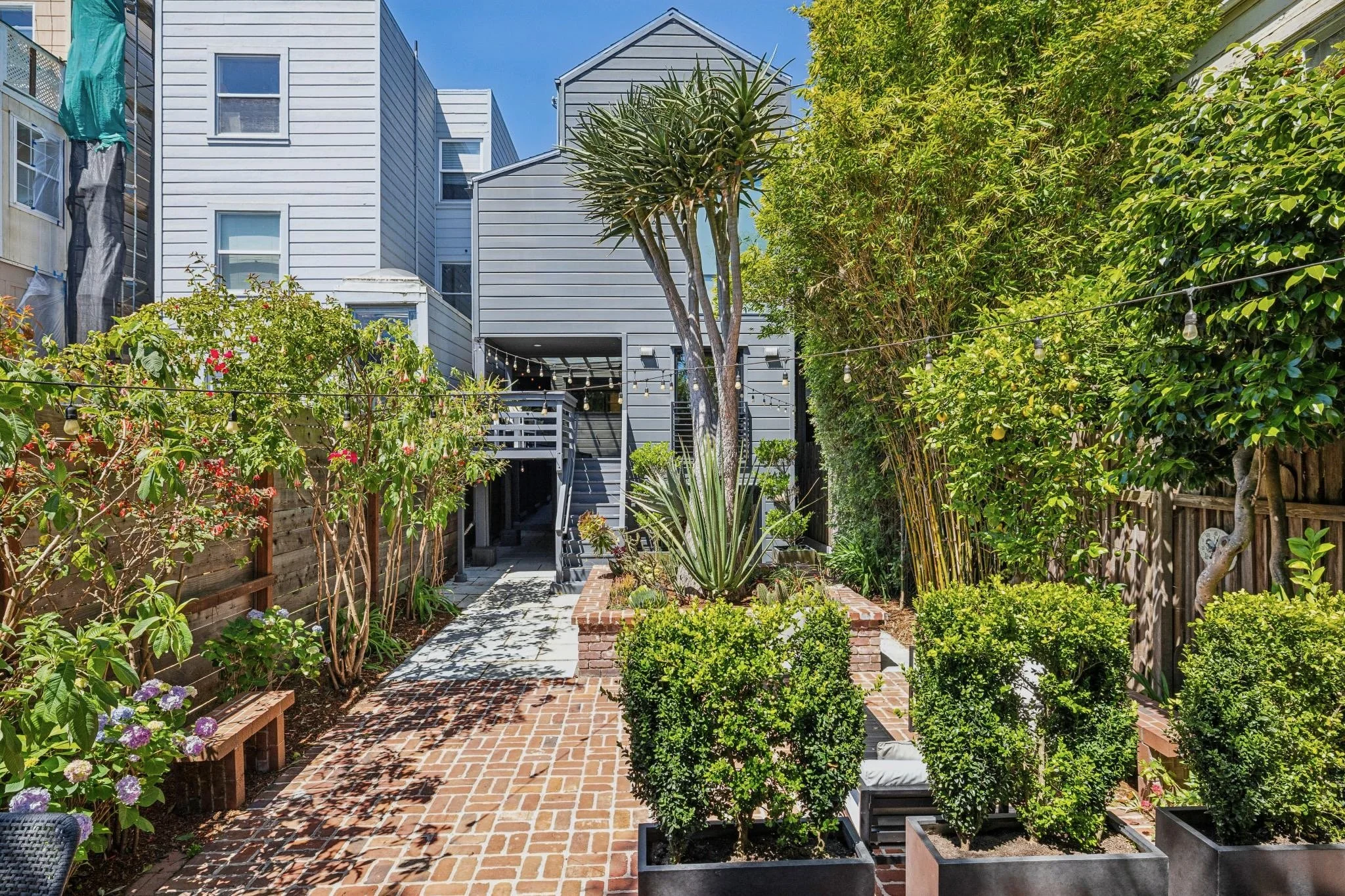 A vibrant backyard garden with brick pathways, lush green bushes, and flowering plants, surrounded by wooden fences and multi-story houses painted in shades of white and gray, with string lights hanging above.