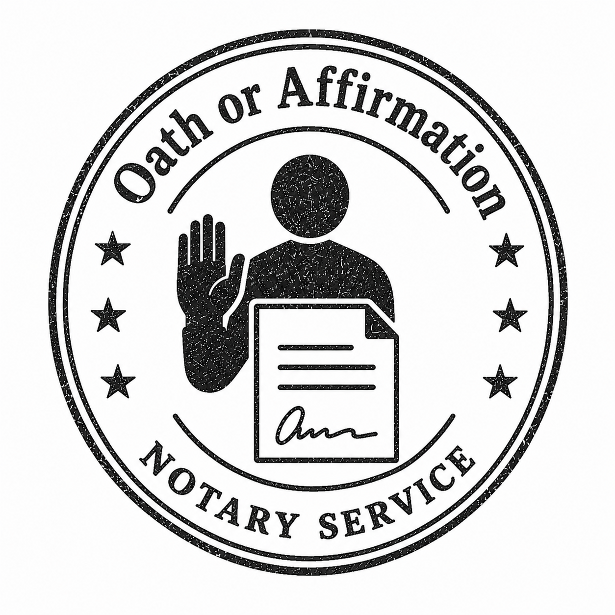 A stamped seal with the text "Oath or Affirmation" and "Notary Service" around a figure raising a hand for oath, holding a document with a signature.