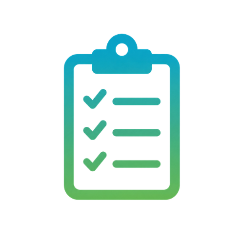 Icon of a clipboard with checkmarks, illustrating a completed checklist or form, in gradient blue and green colors.
