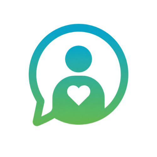 A stylized icon of a person with a heart inside a speech bubble, in gradient blue and green colors.