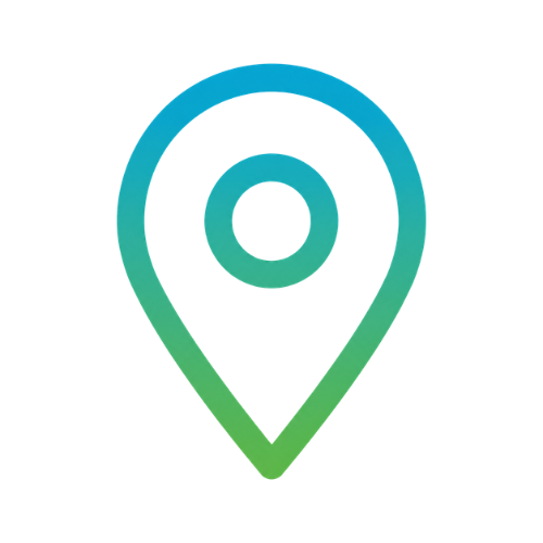 A location pin icon with a gradient from blue to green.
