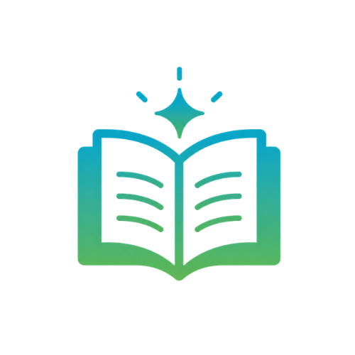 An open book icon with a star above it, surrounded by sparkles indicating knowledge or learning, in gradient blue and green colors.