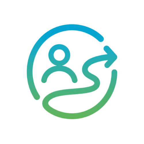 A stylized icon of a person with an arrow circling around them, symbolizing movement or progress, in gradient blue and green colors.