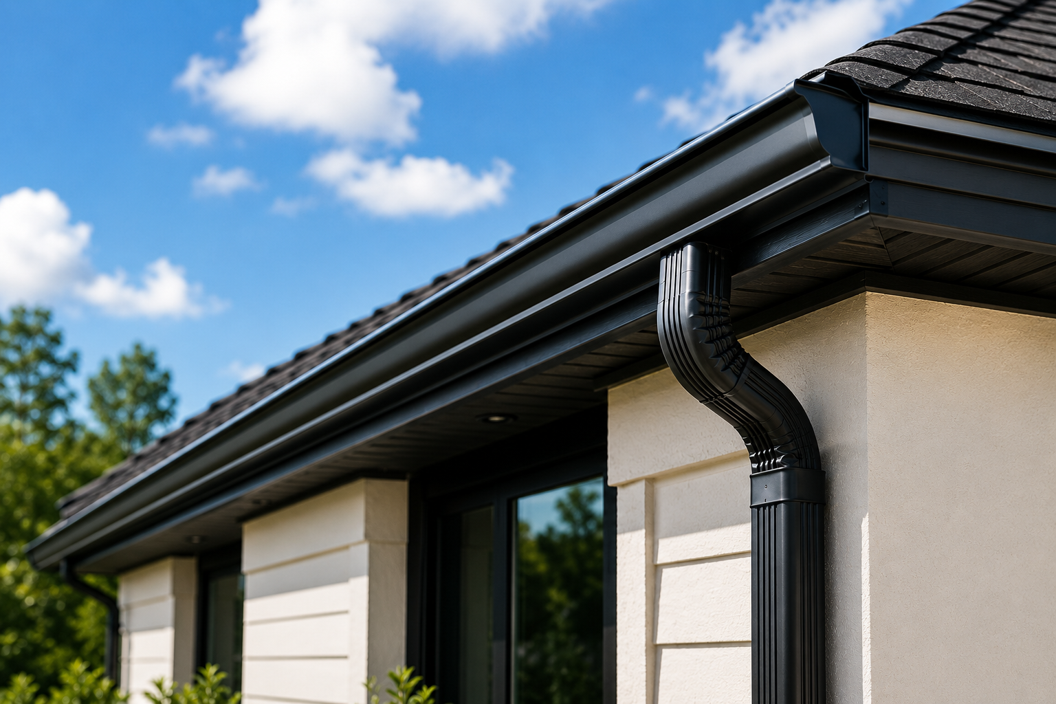 Close-up of a house's roof with a gutter system and downspout, against a blue sky with some clouds.