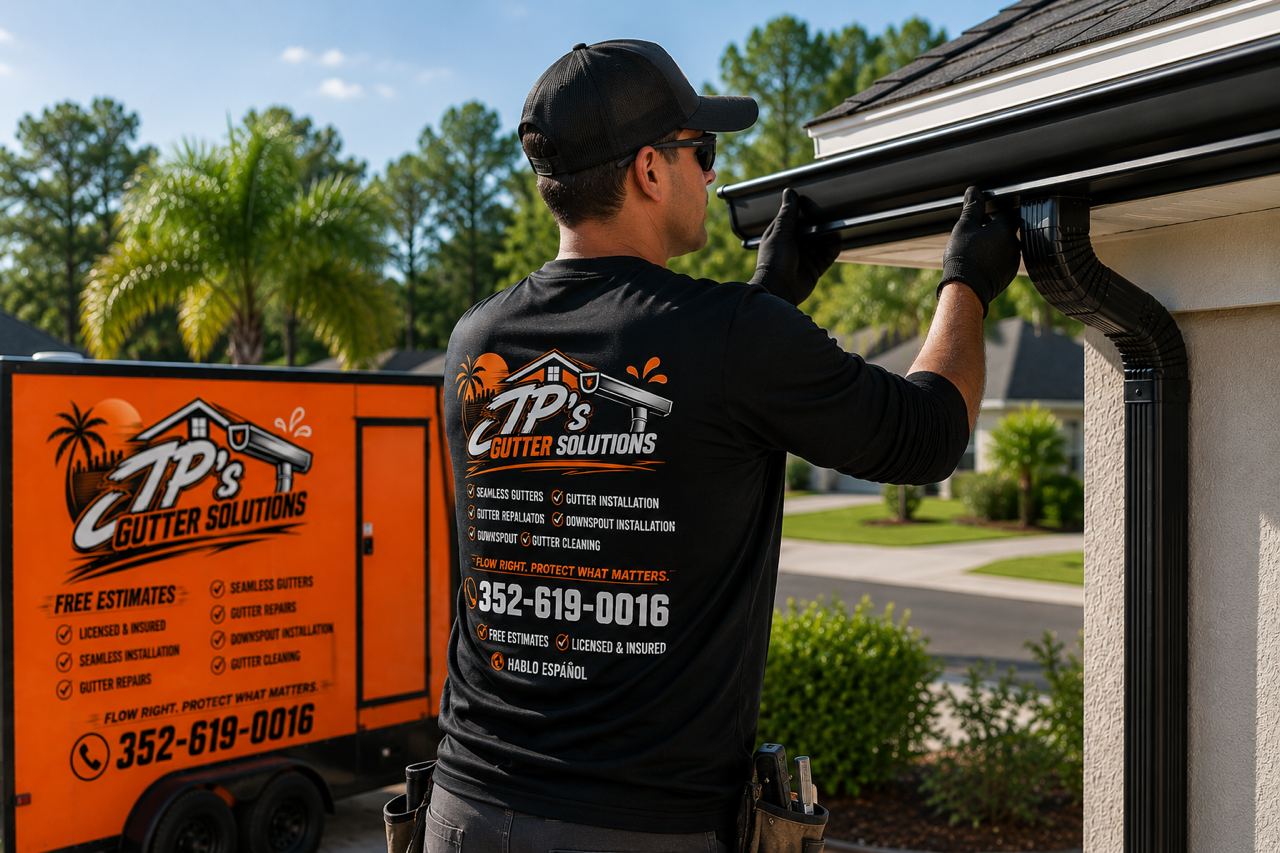 Worker installing gutter on house with a branded truck in the background