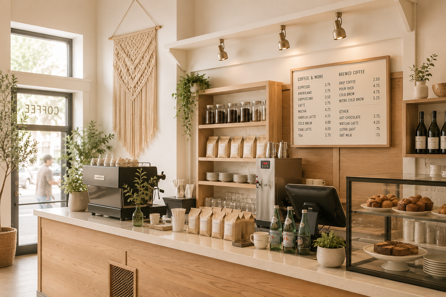 Coffee shop counter with an espresso machine, jars of coffee beans, bags of coffee, a menu board, and baked goods in a glass display case.